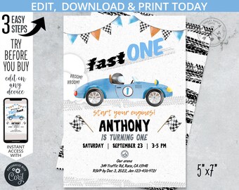 Fast ONE vintage race car birthday invitation, one speed 1st birthday party racing blue black retro car party. Editable printable. 212HPA 05