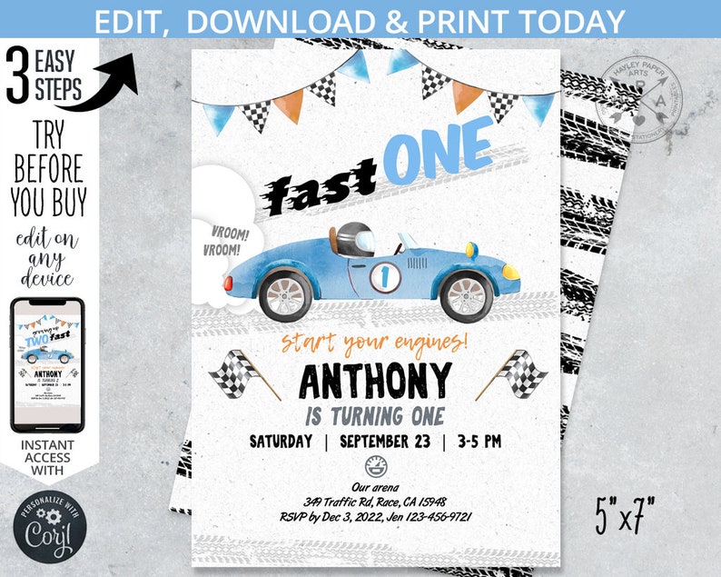 Fast ONE vintage race car birthday invitation, one speed 1st birthday party racing blue black retro car party. Editable printable. 212HPA 05 image 1