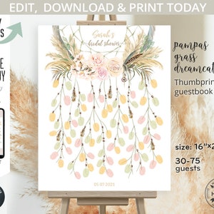 May include: A white printable sign with a watercolor illustration of a pampas grass dreamcatcher with pink, green, and yellow leaves. The sign says "Sarah's bridal shower" and "pampas grass dreamcatcher thumbprint guestbook". The sign is 16 inches by 20 inches and can fit 30-75 guests.