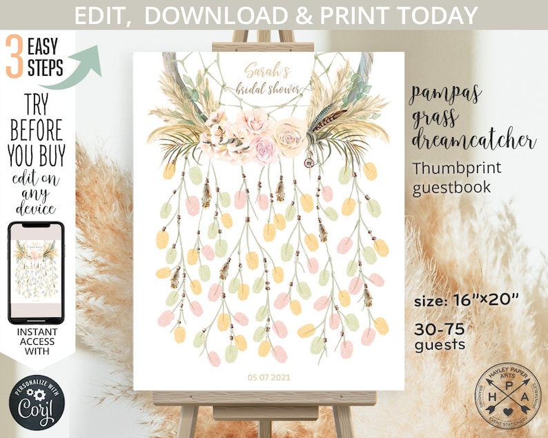 May include: A white printable sign with a watercolor illustration of a pampas grass dreamcatcher with pink, green, and yellow leaves. The sign says "Sarah's bridal shower" and "pampas grass dreamcatcher thumbprint guestbook". The sign is 16 inches by 20 inches and can fit 30-75 guests.