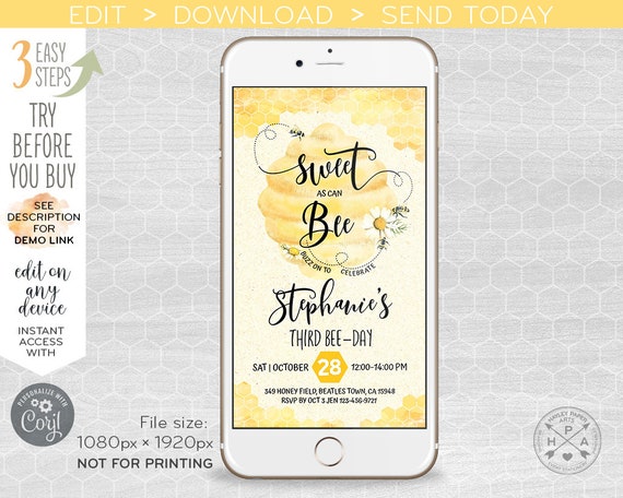 Bee birthday sweet as can be electronic any age party invitation beehive honeycomb smartphone e-vite digital invite. 400HPA E059 04 059HPA Il_570xn
