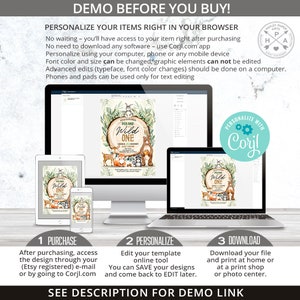 May include: A digital mockup showing how to personalise a woodland-themed first birthday invitation using the Corjl.com online design tool. The invitation features a green, brown, and orange colour scheme with a woodland animal theme. The text on the invitation reads "Poland Wild One".