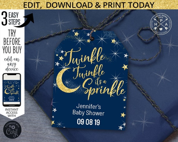 Twinkle sprinkle favor gift tags moon stars gold silver glitter baby shower thank you navy blue tag. EDITABLE template. 019HPA 07 202HPA Il_570xn