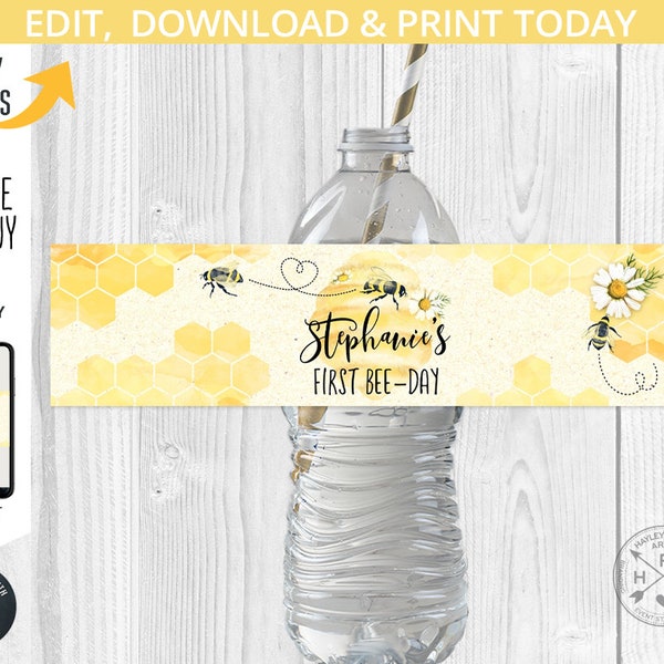 Bee any age birthday water bottle label baby party. Yellow hive bumble bee honey. Editable template. Instant access. 059HPA 19 A 049HPA