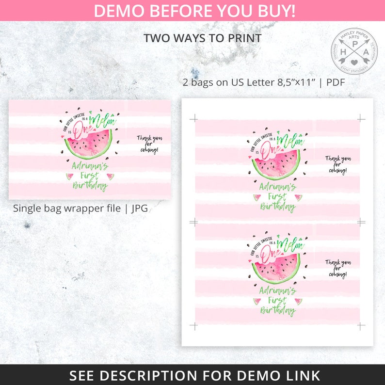 Melon fruit snacks bag, watermelon snacks treat bags, pouch, wrapper, one in a melon first birthday party editable template. 050HPA 37 A image 4