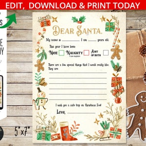 Brief aan de kerstman, kerstkaart kinderbrief. Vakantieactiviteit Noordpoolpost Sinterklaas. Geschenken wensen kaart. Bewerkbare afdrukbare 205HPA 01 D