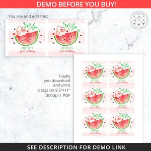 Peut inclure: Six &eacute;tiquettes imprimables sur le th&egrave;me de la past&egrave;que pour un premier anniversaire. Chaque &eacute;tiquette pr&eacute;sente une illustration aquarelle d'une tranche de past&egrave;que avec le texte "One in a Melon" et "Brittney's First Birthday".