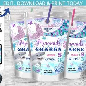 Mermaids and Sharks juice bag label, juice bag labels, under the sea, siblings any age joint birthday party editable template. 062HPA 18