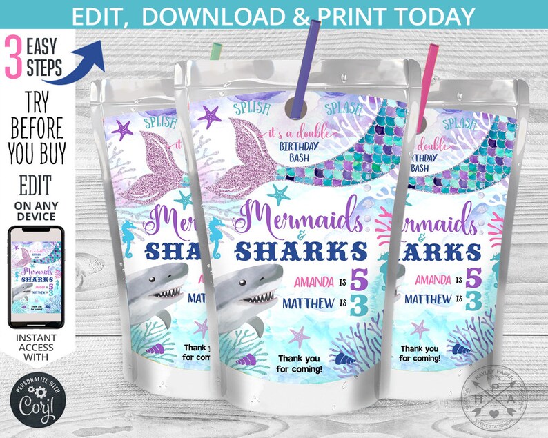 Mermaids and Sharks juice bag label, juice bag labels, under the sea, siblings any age joint birthday party editable template. 062HPA 18 image 1