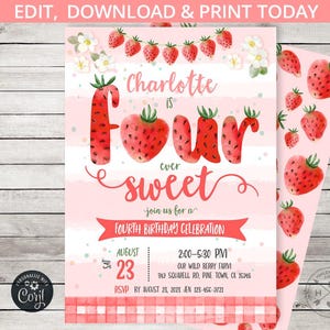 Fragola dolce Quattro bacche quarto 4° compleanno invito bacche primavera frutta ragazza fragole fattoria mercato. Modificabile stampabile. 223HPA 06