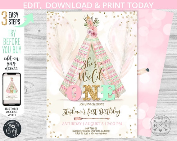 TeePee wild one first birthday boho invitation, tee pee pink mint gold tribal, tipi bohemian invites. Printable editable template. 105HPA 01 Il_570xn