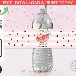 May include: Water bottle label with pink and white stripes, watermelon illustration, and the text "In a Melon One Emma's First Birthday".
