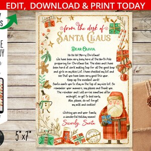 Carta de Papá Noel. Del escritorio de Santa. Tarjeta de Navidad. Correo del Polo Norte Santa Claus. Carta de devolución. Editable imprimible. 205HPA 10D