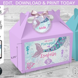 Mermaid birthday gable gift box labels and name tags. Purple glitter handle favor takeway drive by label. Editable template. 060HPA 28 B