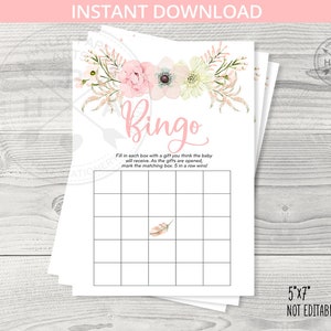 Bingo Spielkarte für Abschlag Pipi Boho Baby Mädchen Dusche. Rosa Blumen, Boho-Dusche, Federn. Sofortiger Download. Nicht bearbeitbar. 106HPA 30 C