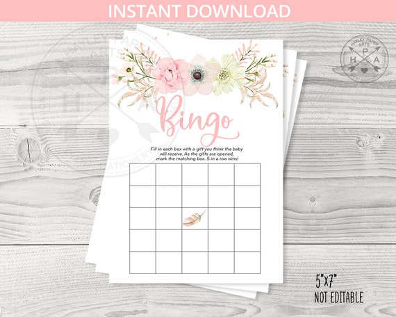 Bingo game card for tee pee boho baby girl shower. Pink flowers, bohemian shower, feathers. Instant download. Not editable. 106HPA 30 C Il_570xn