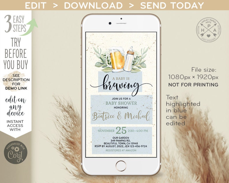 A baby is brewing electronic baby shower invitation beer milk smartphone e-vite, digital selfediting invite. E173 02 173hpa image 2