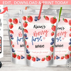 May include: Three printable juice pouch labels featuring a watercolour strawberry design. The labels have pink and white stripes, gold glitter, and the text "Alicia's Berry First Birthday".