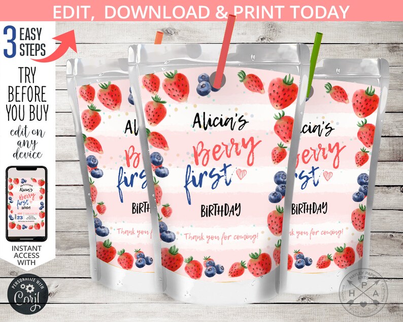 May include: Three printable juice pouch labels featuring a watercolour strawberry design. The labels have pink and white stripes, gold glitter, and the text "Alicia's Berry First Birthday".