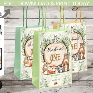 Woodland paper gift bag label, forest party animals labels, woodland ONE first birthday party, favor label. Editable printables. 093HPA 25 A