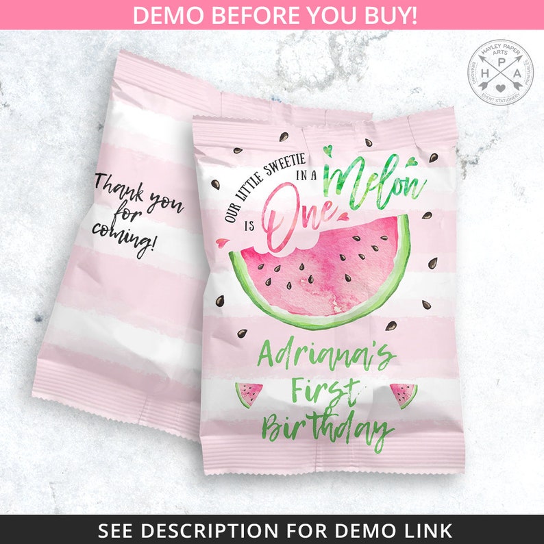 Melon fruit snacks bag, watermelon snacks treat bags, pouch, wrapper, one in a melon first birthday party editable template. 050HPA 37 A image 5