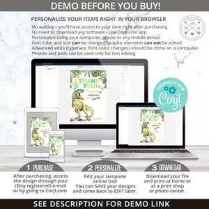May include: A digital invitation design displayed on various devices, including a computer, tablet, and phone. The invitation features a green dinosaur illustration with the words "Thank You!" and "For Stomping Good Time". The design is customizable via Corjl.