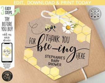 Bee favor thank you polygon honey bee-ing comb party gift tag. Bee baby reveal shower favour tag. Editable tag design. 049HPA 10 F