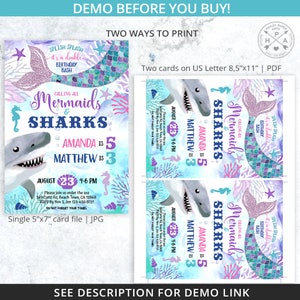 May include: Invitation to a mermaid and shark themed birthday party for Amanda, who is turning 5, and Matthew, who is turning 3. The invitation features a mermaid tail, a shark, and the text "Calling all Mermaids & Sharks".