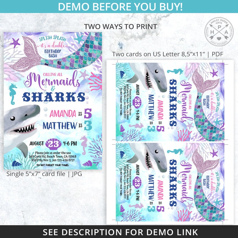 May include: Invitation to a mermaid and shark themed birthday party for Amanda, who is turning 5, and Matthew, who is turning 3. The invitation features a mermaid tail, a shark, and the text "Calling all Mermaids & Sharks".