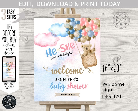 Bear balloons he or she welcome sign gender reveal shower 16x20 flying bearly wait. Balloon blue pink. Editable printable sign. 195HPA 16 B Il_570xn