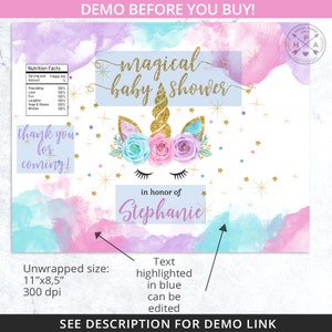 May include: A printable baby shower favor tag featuring a unicorn with a gold horn and a floral crown. The tag is decorated with gold glitter and stars on a pink and blue watercolor background. The text "magical baby shower" is written in gold glitter. The text "in honor of Stephanie" is written in blue. The tag is 11 inches by 8.5 inches and 300 dpi.
