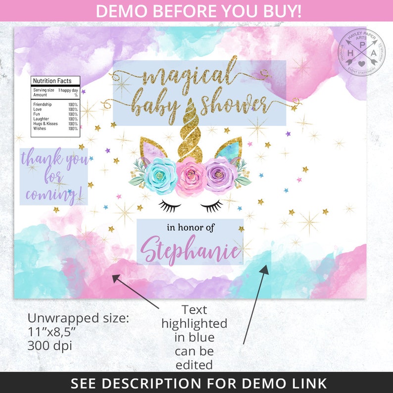 May include: A printable baby shower favor tag featuring a unicorn with a gold horn and a floral crown. The tag is decorated with gold glitter and stars on a pink and blue watercolor background. The text "magical baby shower" is written in gold glitter. The text "in honor of Stephanie" is written in blue. The tag is 11 inches by 8.5 inches and 300 dpi.