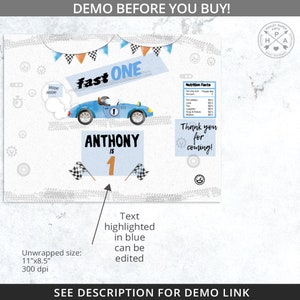 May include: A blue race car with the words "fast one" on the side. The car is on a grey background with a chequered flag and the words "Anthony is 1". The text "Thank you for coming!" is also on the background.