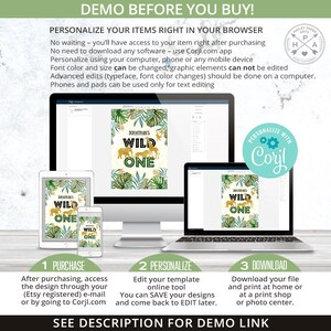 Puede incluir: Una maqueta digital que muestra c&oacute;mo personalizar un cartel de fiesta de cumplea&ntilde;os 'Wild One' imprimible para un primer cumplea&ntilde;os usando el sitio web Corjl.com. El cartel presenta un tema de jungla con hojas verdes, siluetas de animales doradas y el texto 'Jonathan's Wild One'.