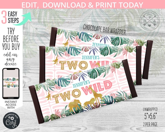 Jungle animals chocolate bar two wild candy wrapper safari birthday second 2nd birthday party Editable template Instant download 041HPA 33 C Il_570xn