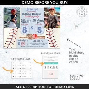 May include: Editable baseball-themed birthday party invitation template with a red, white, and blue color scheme. The template features a baseball field with stitched seams, a baseball bat, and a baseball glove. The text on the template reads "Batter up! Join us for a Double Header Birthday Party Oliver is turning 8 & Michael is turning 5".