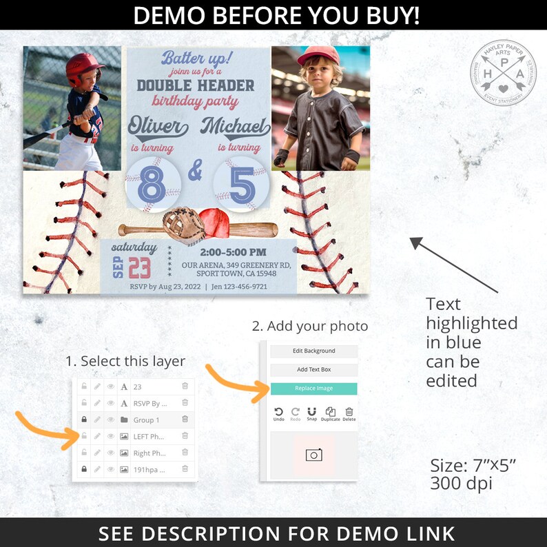 May include: Editable baseball-themed birthday party invitation template with a red, white, and blue color scheme. The template features a baseball field with stitched seams, a baseball bat, and a baseball glove. The text on the template reads "Batter up! Join us for a Double Header Birthday Party Oliver is turning 8 & Michael is turning 5".