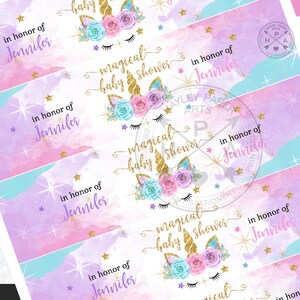 May include: A set of five printable labels featuring a unicorn with a gold horn, pink, blue, and purple flowers, and gold glitter stars. The text on the labels reads "magical baby shower" and "in honor of Jennifer".