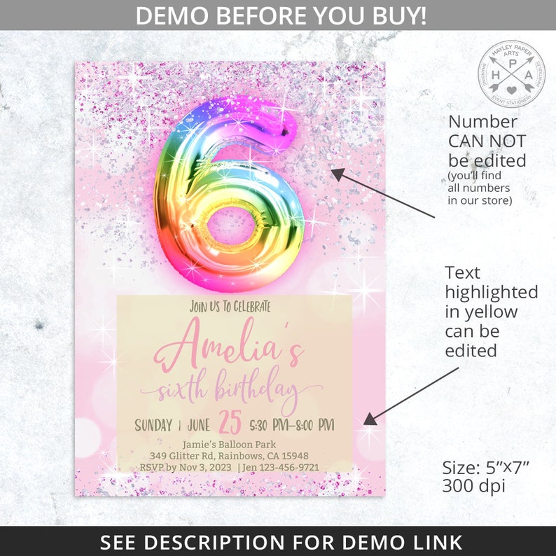 Puede incluir: Un fondo de purpurina rosa y blanco con un globo arco&iacute;ris con forma de n&uacute;mero 6. El texto "Amelia's sixth birthday" est&aacute; escrito en cursiva rosa y blanca. La invitaci&oacute;n incluye la fecha, la hora y el lugar de la fiesta.