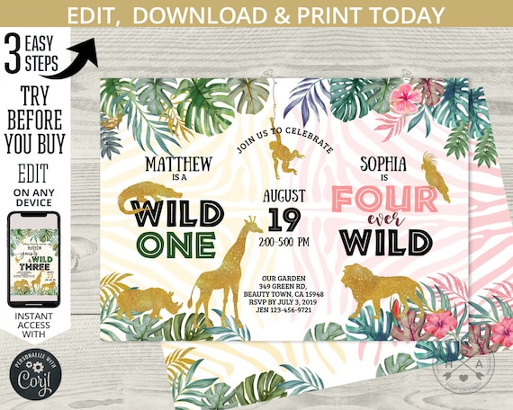 Jungle Wild One Four joint birthday invitation safari dual boy girl siblings party animals. Editable printable template. 040HPA 63 041hpa Il_570xn