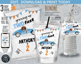 May include: A printable party favor bundle for a 2-year-old birthday party. The bundle includes a chip bag wrapper, juice box label, water bottle label, and a birthday invitation. The theme is racing with a blue race car and the text "Growing up two fast".