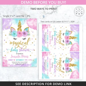 Pu&ograve; includere: Un invito per una baby shower stampabile con un unicorno con un corno dorato, nuvole acquerellate rosa e blu e stelle dorate scintillanti. Il testo recita "baby shower magico" e include il nome "Jennifer Peters" e la data e l'ora dell'evento.