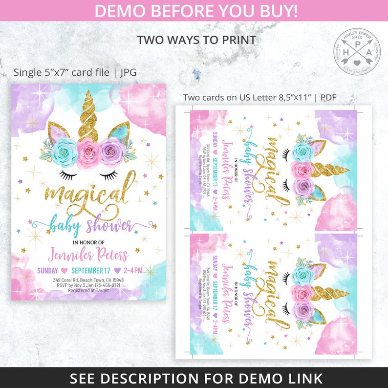 Pu&ograve; includere: Un invito per una baby shower stampabile con un unicorno con un corno dorato, nuvole acquerellate rosa e blu e stelle dorate scintillanti. Il testo recita "baby shower magico" e include il nome "Jennifer Peters" e la data e l'ora dell'evento.