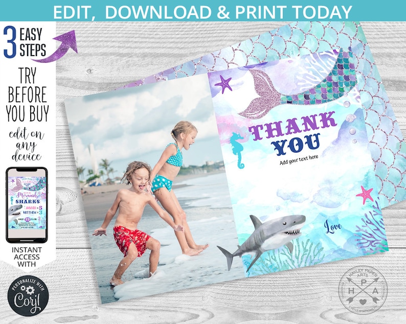 May include: A printable thank you card with a mermaid tail, a shark, and a watercolor background. The text "Thank You" is in a purple font with the words "Add your text here" below. The card is designed for a mermaid or shark themed party.
