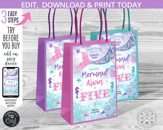 Mermaid paper bag labels birthday favor purple pink glitter tail handle takeaway. Small bag Instant access to editable template. 060HPA 29 B Il_570xn