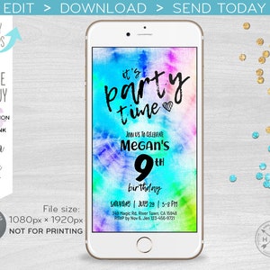 TieDye electronic birthday it&#39;s party invitation trie dye craft hippie batik blue aqua girl smartphone e-vite digital invite. E186 03 186HPA