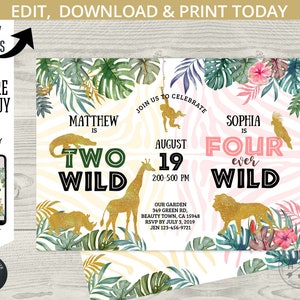 May include: A printable invitation with a jungle theme. The invitation features the text "Two Wild" and "Four Ever Wild" with animal illustrations. The invitation includes the date, time, and location of the party.