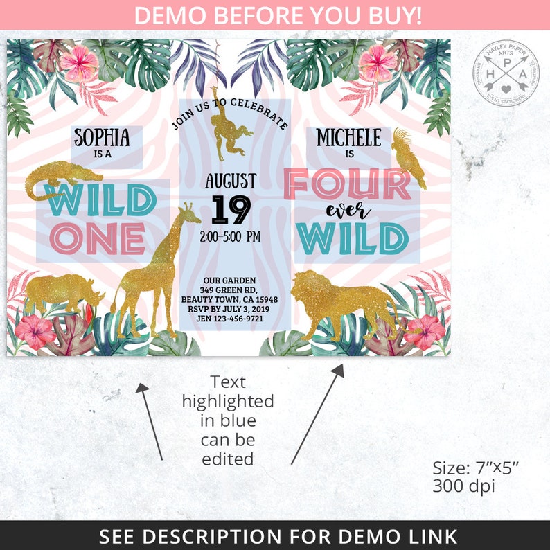 Jungle joint Wild ONE FOUR aver Wild birthday invitation safari dual sisters girls siblings party animals. Editable printable. 041HPA 62 image 3