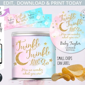 Twinkle twinkle little star gender reveal minichips can label party paars roze blauw goud. Zelfbewerkbaar afdrukbaar. 009HPA 13 A