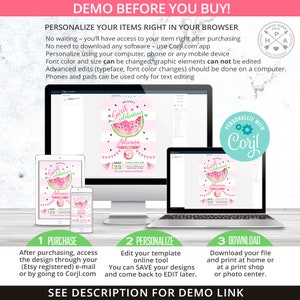 May include: A digital mockup showing how to personalize a printable invitation for a watermelon-themed birthday party. The invitation features a watercolor illustration of a watermelon slice with the text "Sweet Celebration". The invitation is customizable using the Corjl.com app.